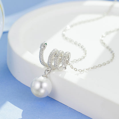 Snake Design Necklace 925 Sterling Silver Niche Design Trend Green Eye Zodiac Australian White Pearl Collarbone Chain