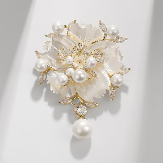 Mother Shell Brooch Pearl Camellia Zircon Corsage