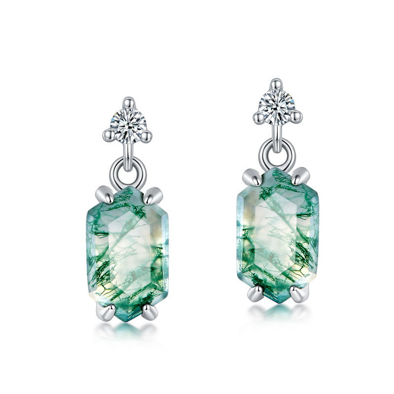 Geometric Hexagon Natural Moss Agate Drop Earrings - S925 Sterling Silver