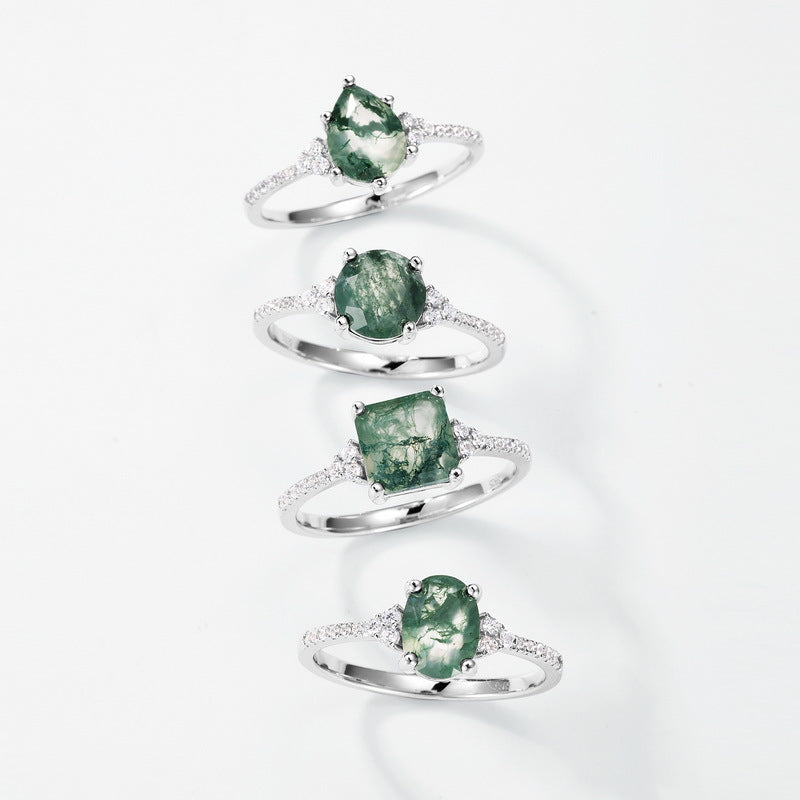 Pear-Cut Natural Moss Agate Ring - 10K Gold & S925 Sterling Silver Band
