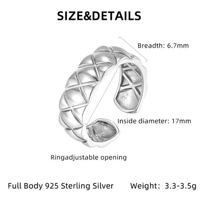 Classic S925 Sterling Silver Diamond Pattern Ring - Heavily Crafted, Exquisite, and Adjustable Open Ring