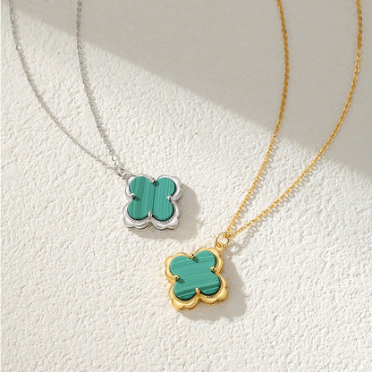 Dapaza Lucky Clover S925 Sterling Silver Natural Malachite Pendant Necklace