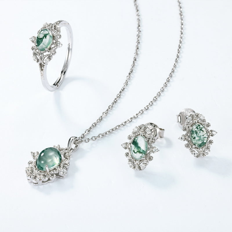 Vintage Moss Agate Pendant Necklace | S925 Sterling Silver