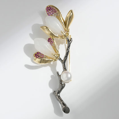 DAPAZA High Quality Hetian Jade Orchid Natural Freshwater Pearl Brooch, Fashion Light Luxury Clothing Jewelry Corsage