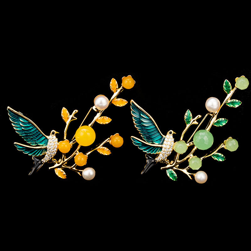 Freshwater Pearl Yellow Agate Bird Brooch