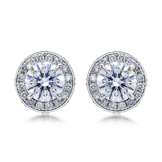 Luxury 2.20CTW CVD Round Brilliant Cut Lab Grown Diamond Halo Stud Earrings | S925 Sterling Silver Classic Bezel-Edge Post Earrings - Dapaza