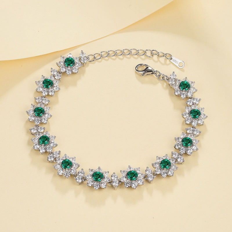Lab-Grown Emerald Sunflower Bracelet - S925 Sterling Silver Floral Jewelry
