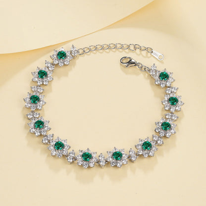 Lab-Grown Emerald Sunflower Bracelet - S925 Sterling Silver Floral Jewelry