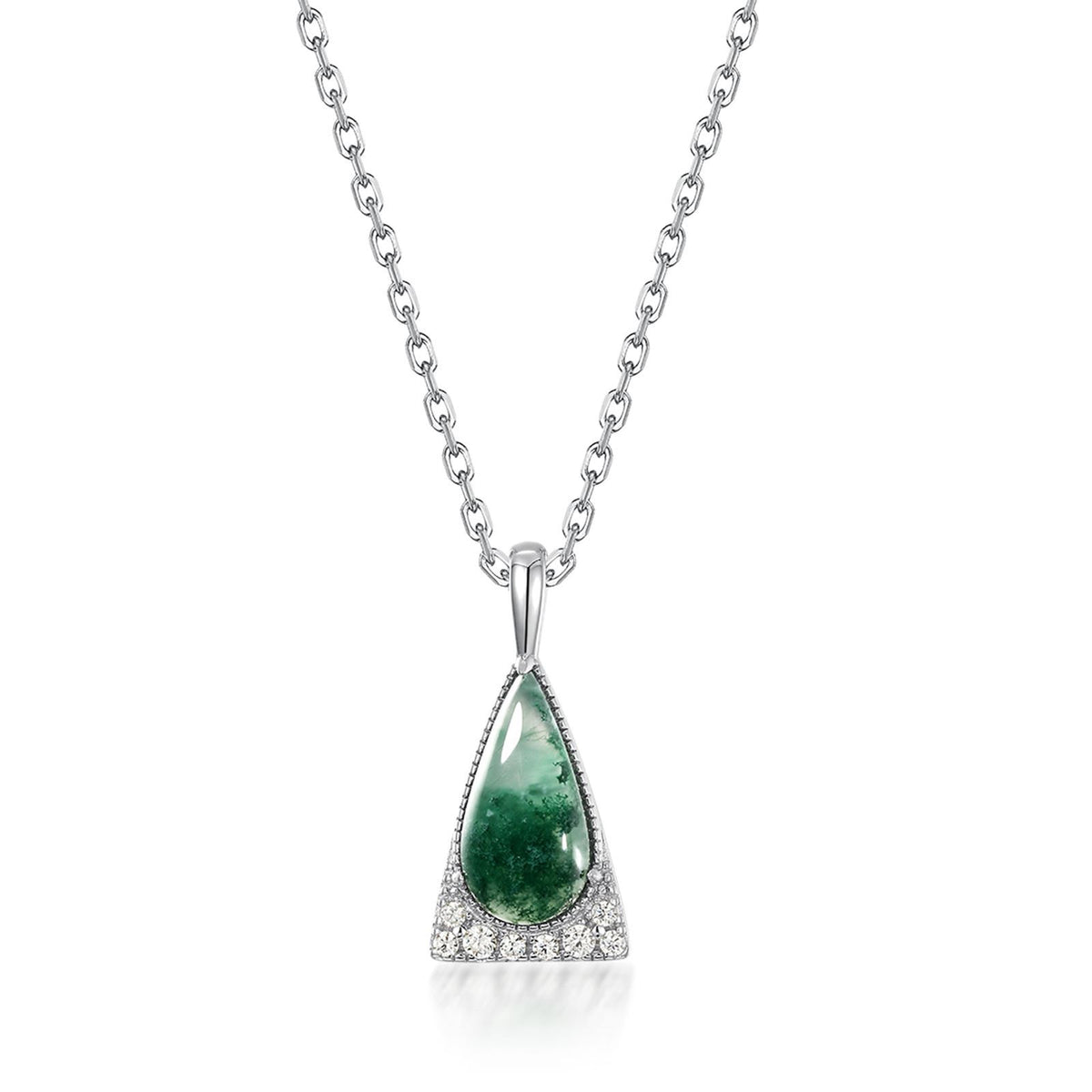 Natural Teardrop Moss Agate Necklace | Geometric Triangle Halo | S925