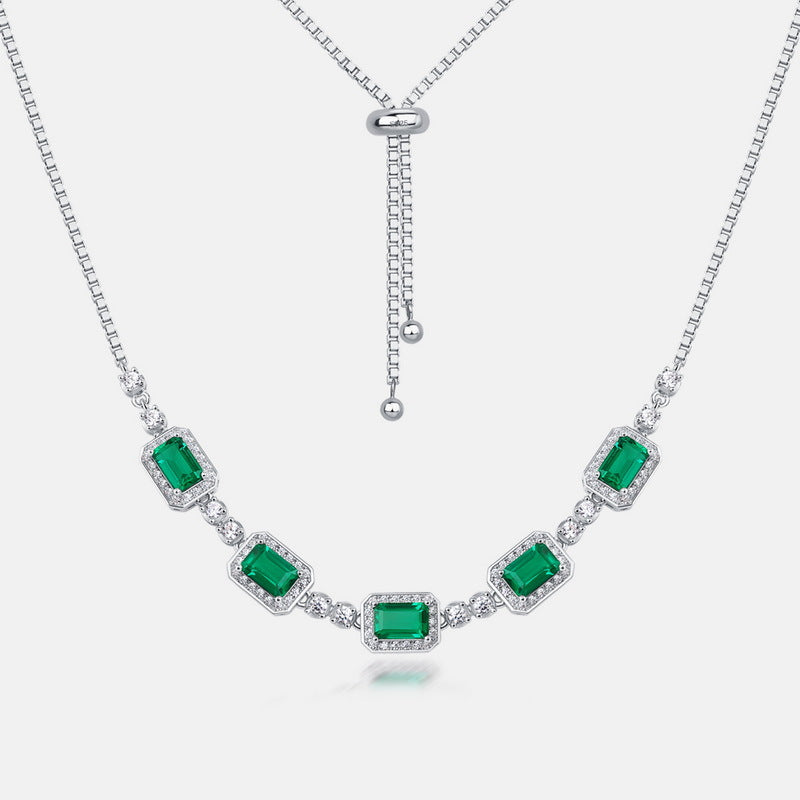 Lab-Grown Emerald Clavicle Necklace - S925 Sterling Silver Halo Pendant