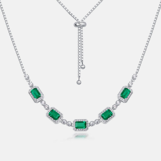 Lab-Grown Emerald Clavicle Necklace - S925 Sterling Silver Halo Pendant