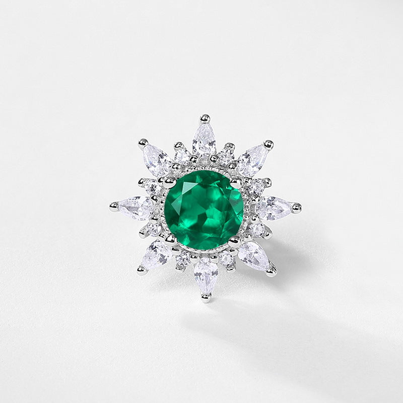 Lab-Grown Emerald Sunflower Stud Earrings - S925 Sterling Silver Halo Design