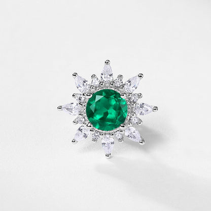 Lab-Grown Emerald Sunflower Stud Earrings - S925 Sterling Silver Halo Design
