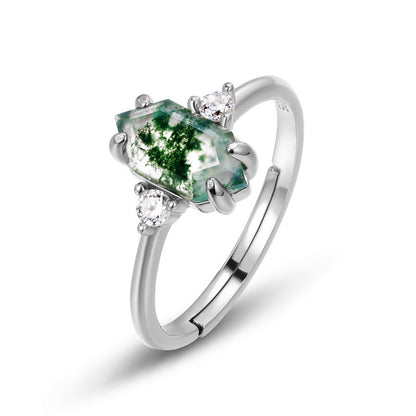 Vintage Hexagon Moss Agate 3-Stone Cluster Ring | S925 Silver