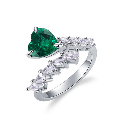 Heart-Shaped Lab-Grown Emerald Adjustable Ring - S925 Sterling Silver Bypass Band