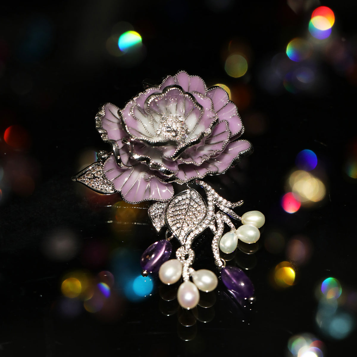 Purple Rose Brooch - Natural Pearl & Amethyst Corsage Accessory