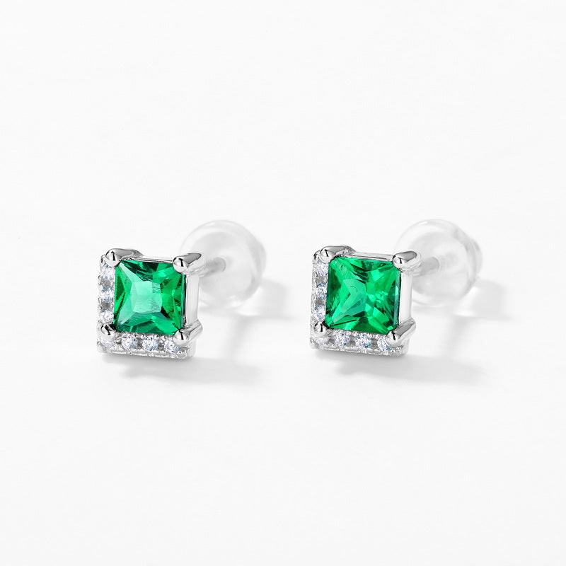 Lab-Grown Emerald Square Halo Stud Earrings - S925 Sterling Silver