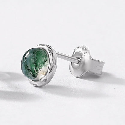 Minimalist Moss Agate Stud Earrings | 9K Gold-Plated S925 Silver