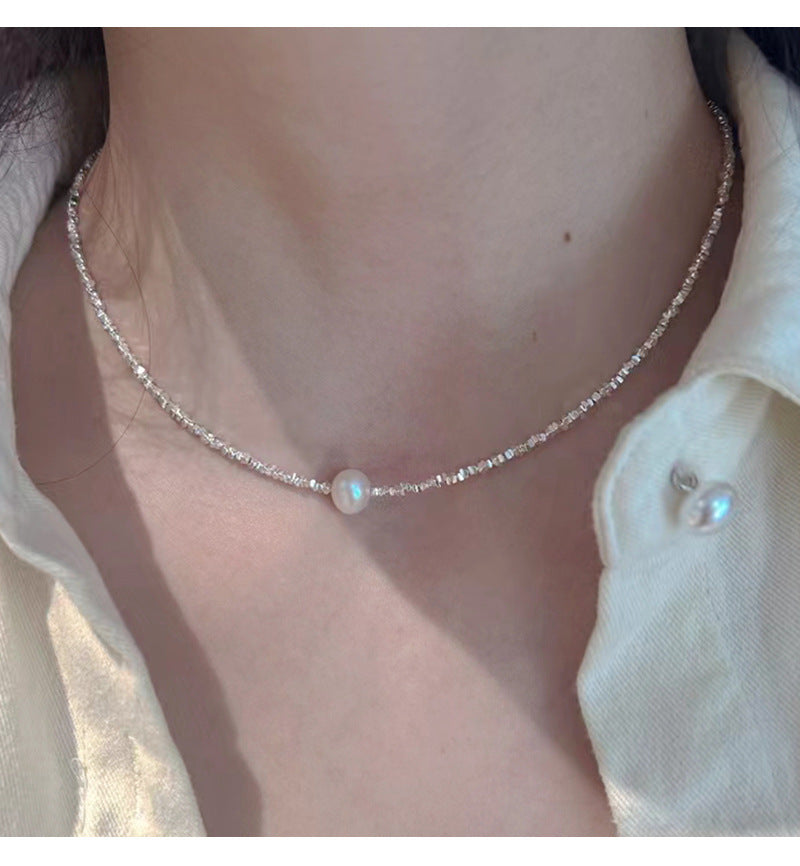 New S925 Sterling Silver Baroque Pearl Shredded Silver Necklace