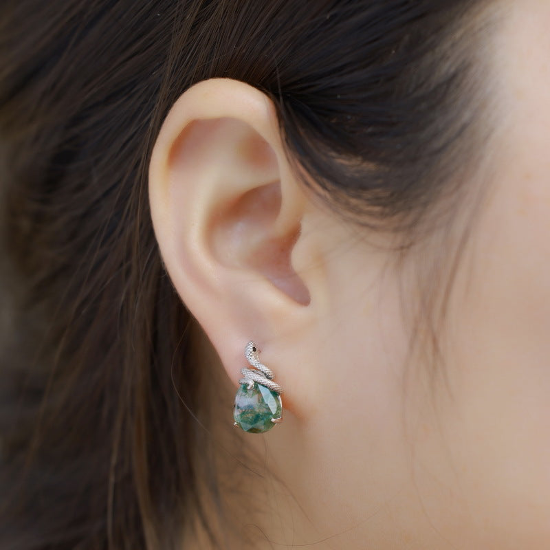 Coiled Snake Moss Agate Earrings | S925 Sterling Silver