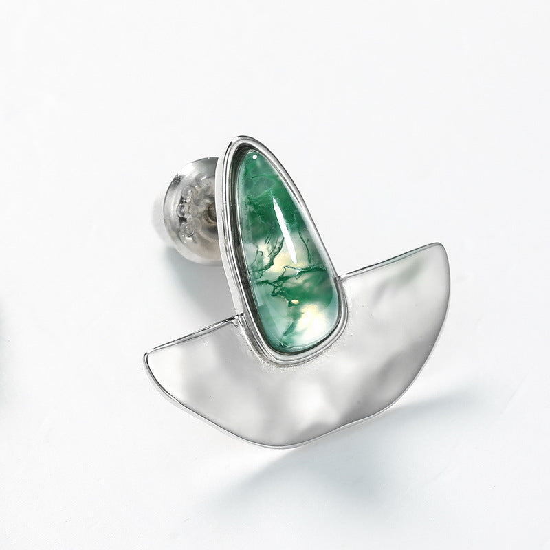 Irregular Moss Agate Stud Earrings | S925 Silver & White Shell
