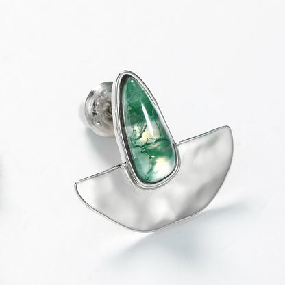 Irregular Moss Agate Stud Earrings | S925 Silver & White Shell
