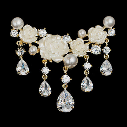 Zircon Mother-of-Pearl Coat Rose Fringed Brooch