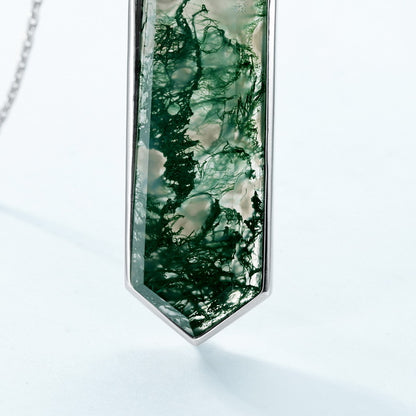 Statement Geometric Moss Agate Pendant Necklace | S925 Silver