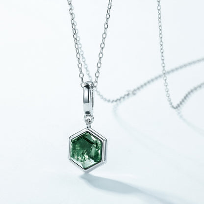 Geometric Moss Agate Pendant Necklace | S925 Sterling Silver