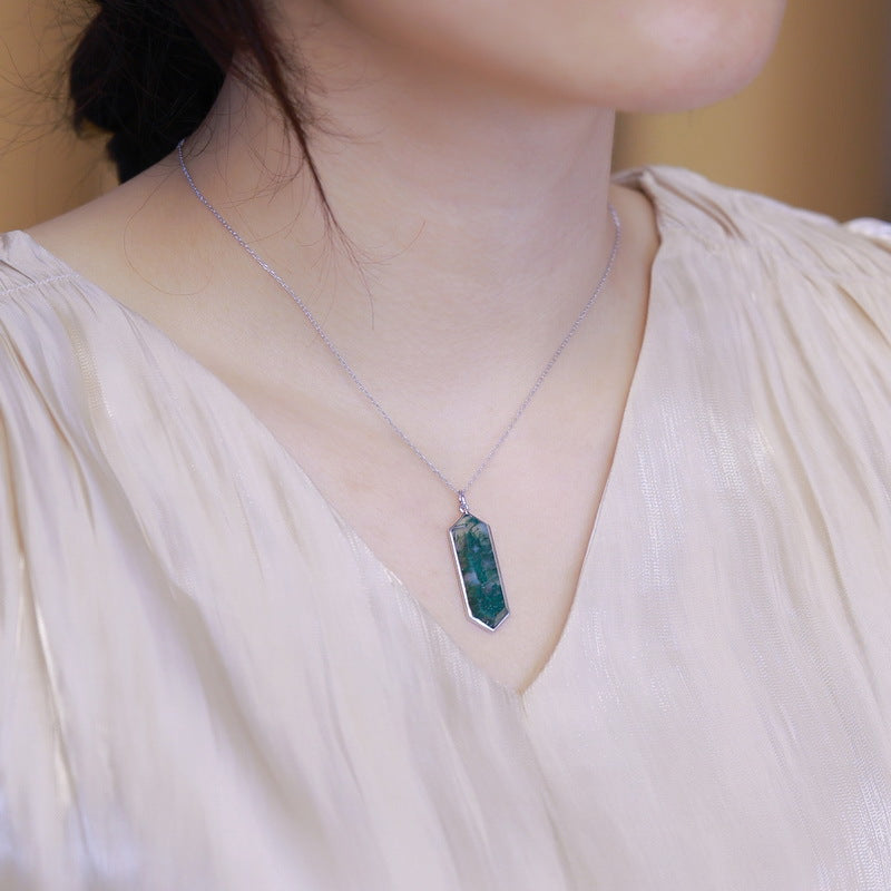 Statement Geometric Moss Agate Pendant Necklace | S925 Silver
