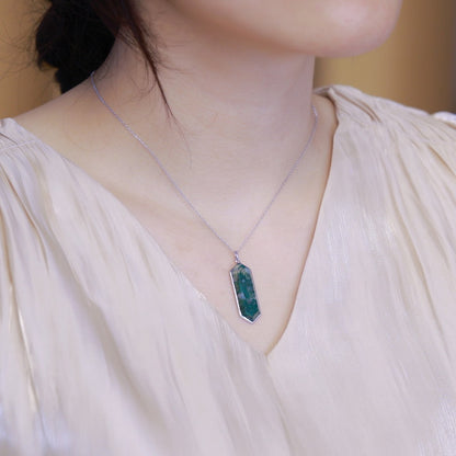 Statement Geometric Moss Agate Pendant Necklace | S925 Silver