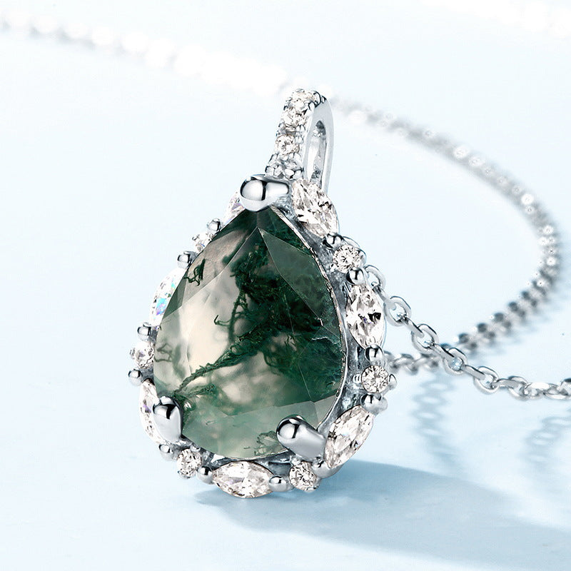 Pear-Cut Natural Moss Agate Halo Pendant Necklace - S925 Sterling Silver