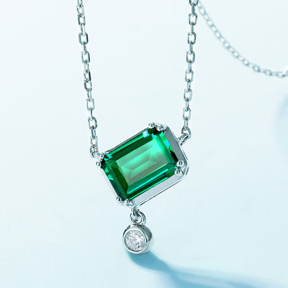 Geometric Lab-Grown Emerald Dancing Stone Necklace - S925 Sterling Silver