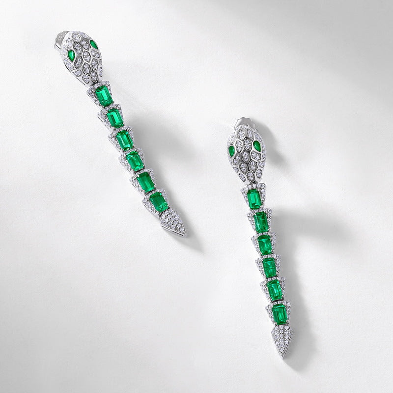 Serpentine Grace: Snake Chain Lab-Grown Emerald Ear Thread Set | 925 Silver | Dapaza