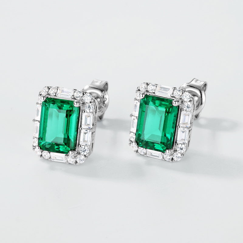 Lab-Grown Emerald Baguette Halo Stud Earrings - S925 Sterling Silver