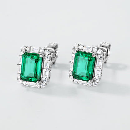 Lab-Grown Emerald Baguette Halo Stud Earrings - S925 Sterling Silver