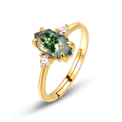 Vintage Hexagon Moss Agate 3-Stone Cluster Ring | S925 Silver