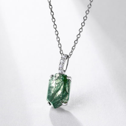 Geometric Moss Agate Pendant Necklace | S925 Sterling Silver