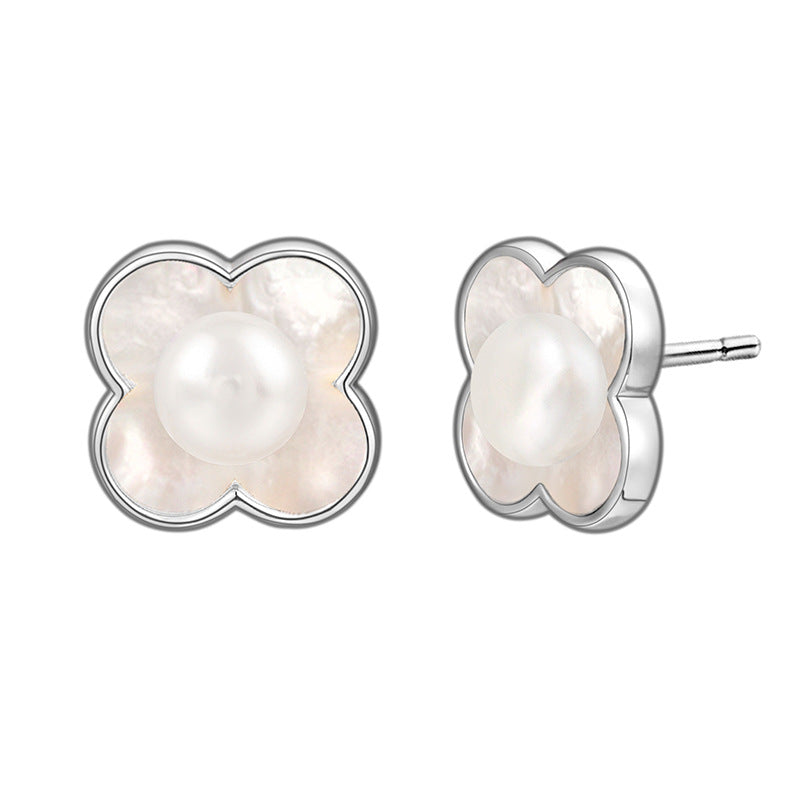 S925 Sterling Silver French Lucky Grass Mother Pearl Earrings Ear Jewelry