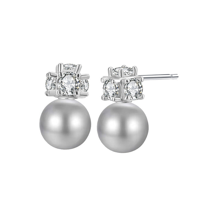 S925 Sterling Silver Ash Gray Shell Pearl Stud Earrings - Unique Design, Subtle Luxury, and Edgy Style for Women