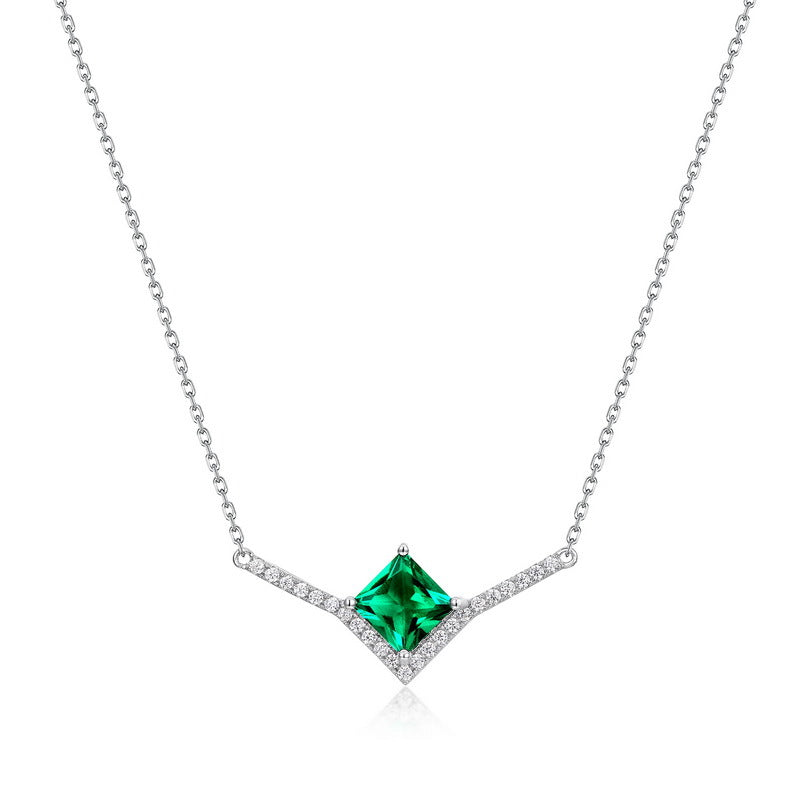 Modern Geometry: Pave-Set Lab-Grown Emerald Pendant Necklace | 925 Silver | Dapaza
