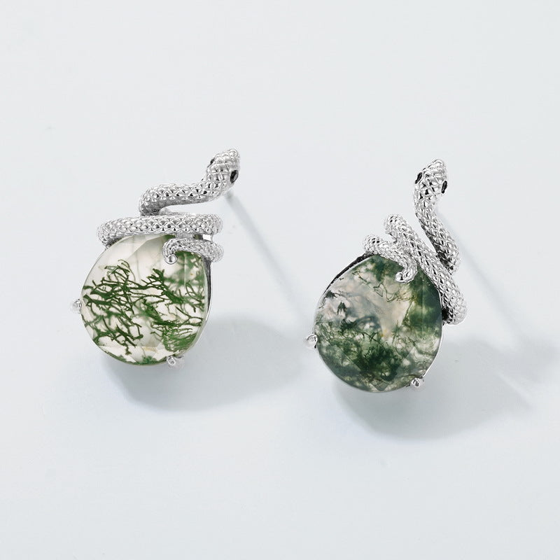 Coiled Snake Moss Agate Earrings | S925 Sterling Silver