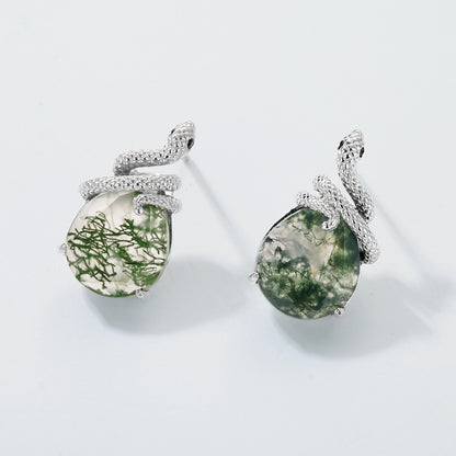 Coiled Snake Moss Agate Earrings | S925 Sterling Silver