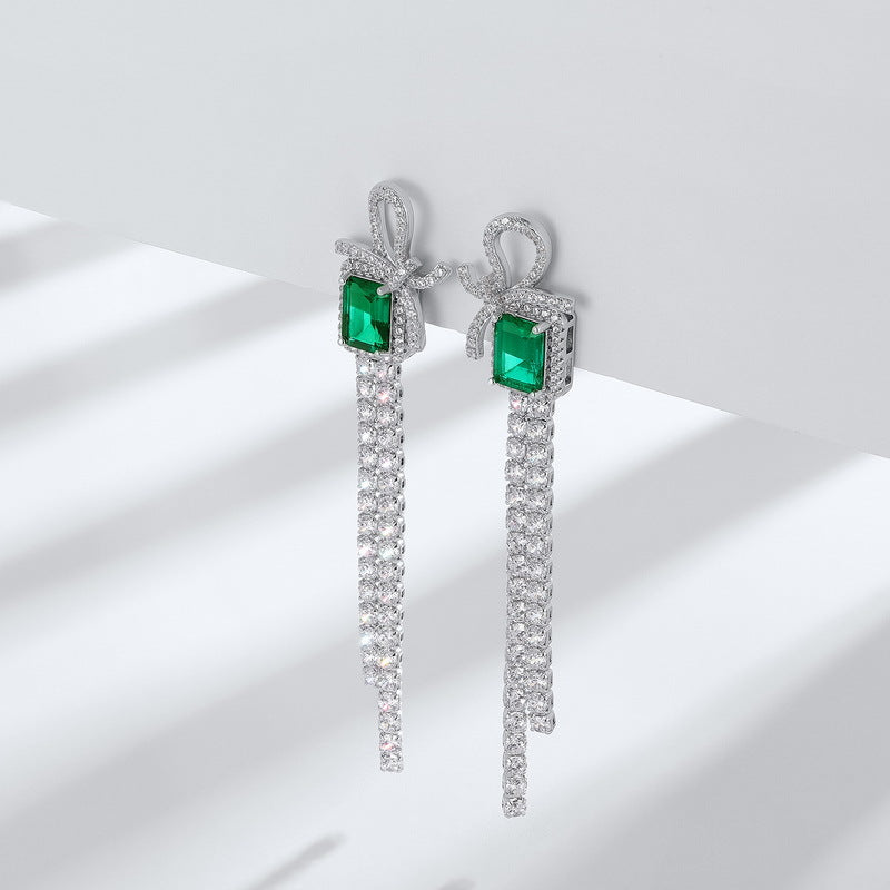 Sustainable 2.6CT Lab-Grown Emerald Bow Tassel Earrings | 71mm Drop Platinum Plated 925 Silver | Dapaza