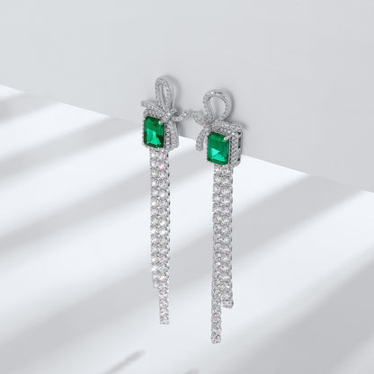 Sustainable 2.6CT Lab-Grown Emerald Bow Tassel Earrings | 71mm Drop Platinum Plated 925 Silver | Dapaza
