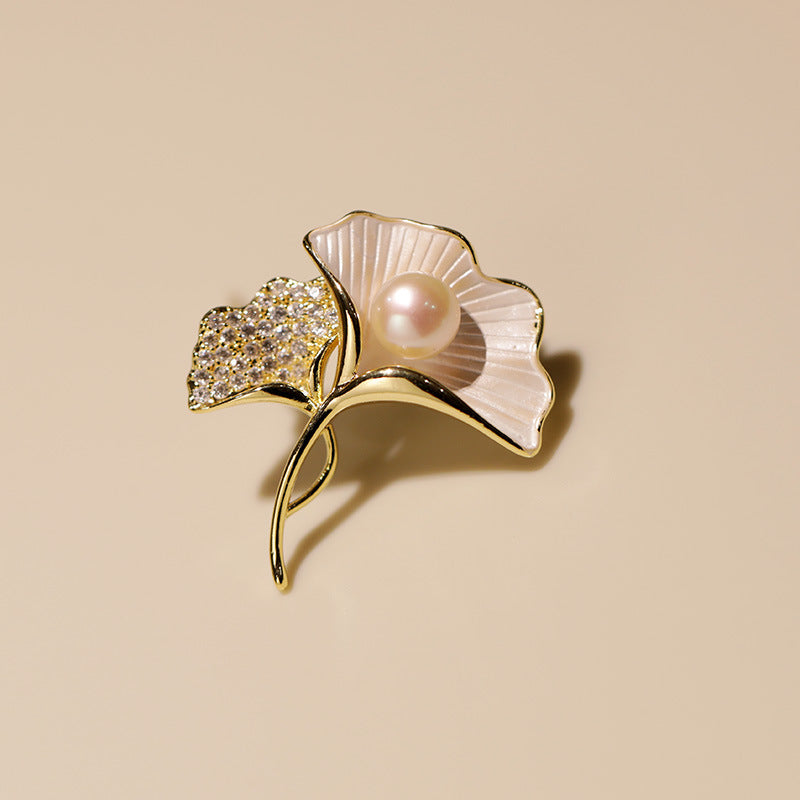Freshwater Pearl Ginkgo Leaf Brooch