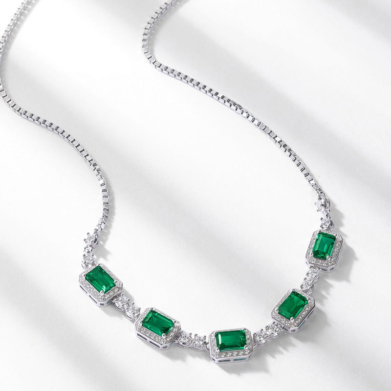 Lab-Grown Emerald Clavicle Necklace - S925 Sterling Silver Halo Pendant