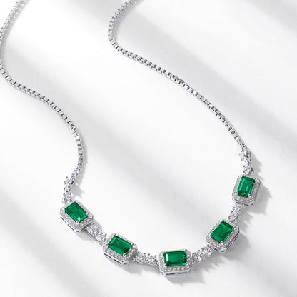 Lab-Grown Emerald Clavicle Necklace - S925 Sterling Silver Halo Pendant