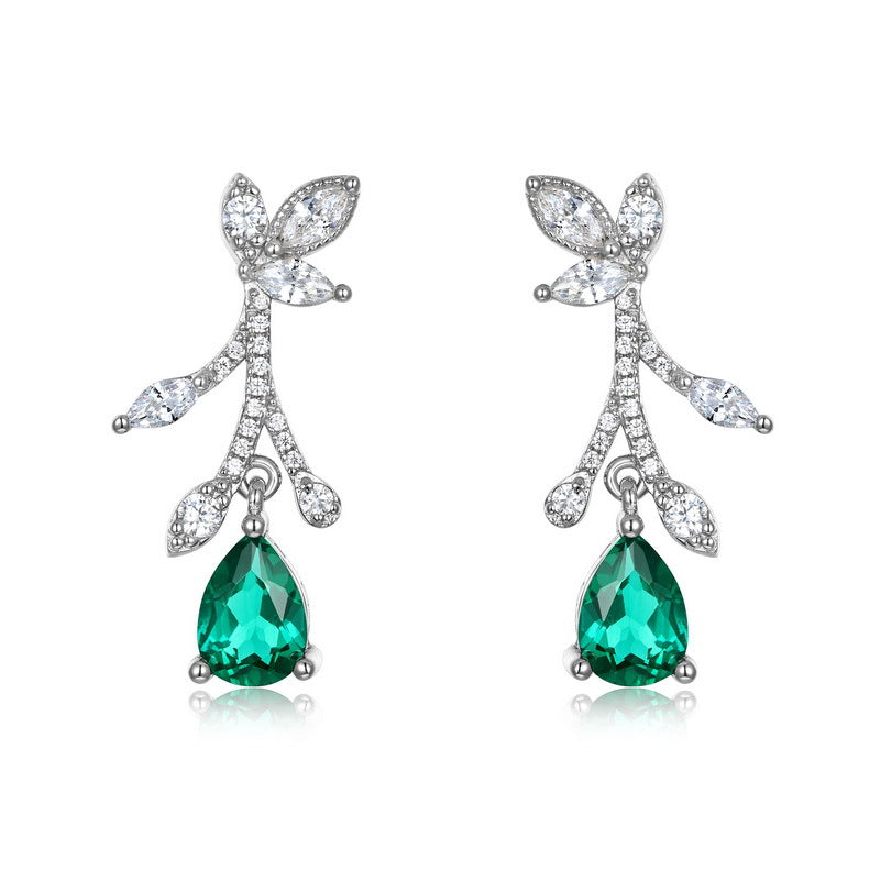 Botanical Pear-Cut Lab-Grown Emerald Flower Branch Drop Earrings | 925 Silver | Dapaza