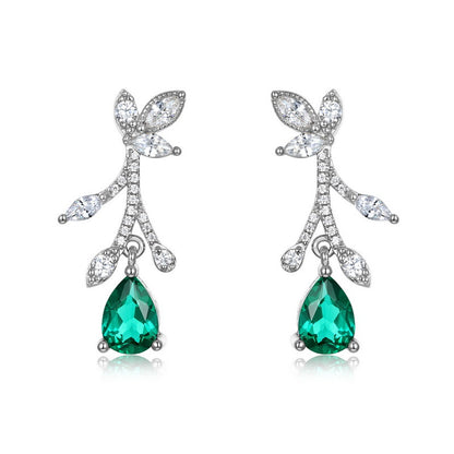 Botanical Pear-Cut Lab-Grown Emerald Flower Branch Drop Earrings | 925 Silver | Dapaza